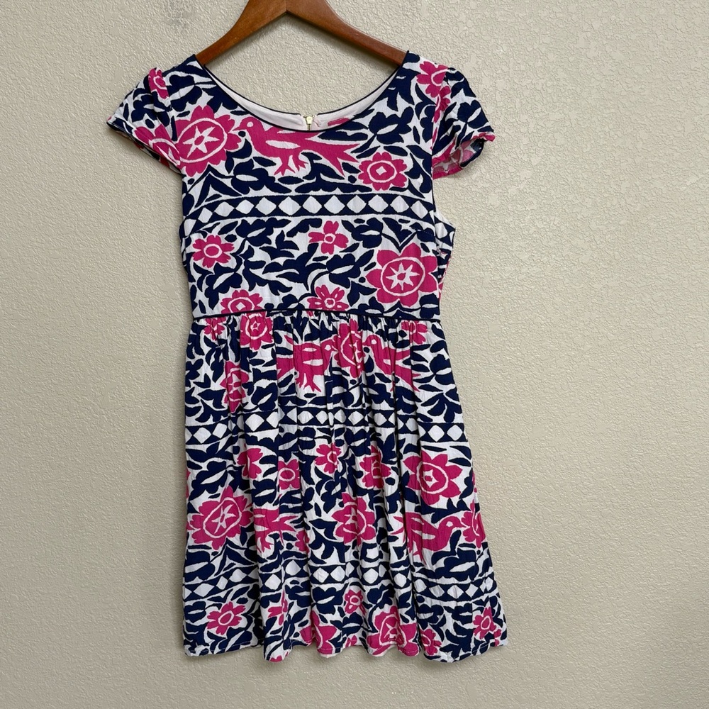 Maeve Anthropologie Peralta Dress‎ Blue Pink Folk Art Bird Print Dress Petite 4